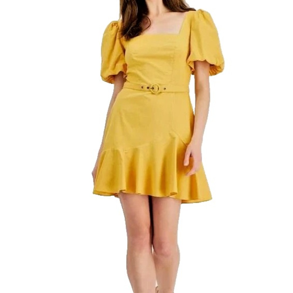 City Studio Voluminous Sleeves Fit & Flare Belted Cotton Lined Dress Yellow 7/8
